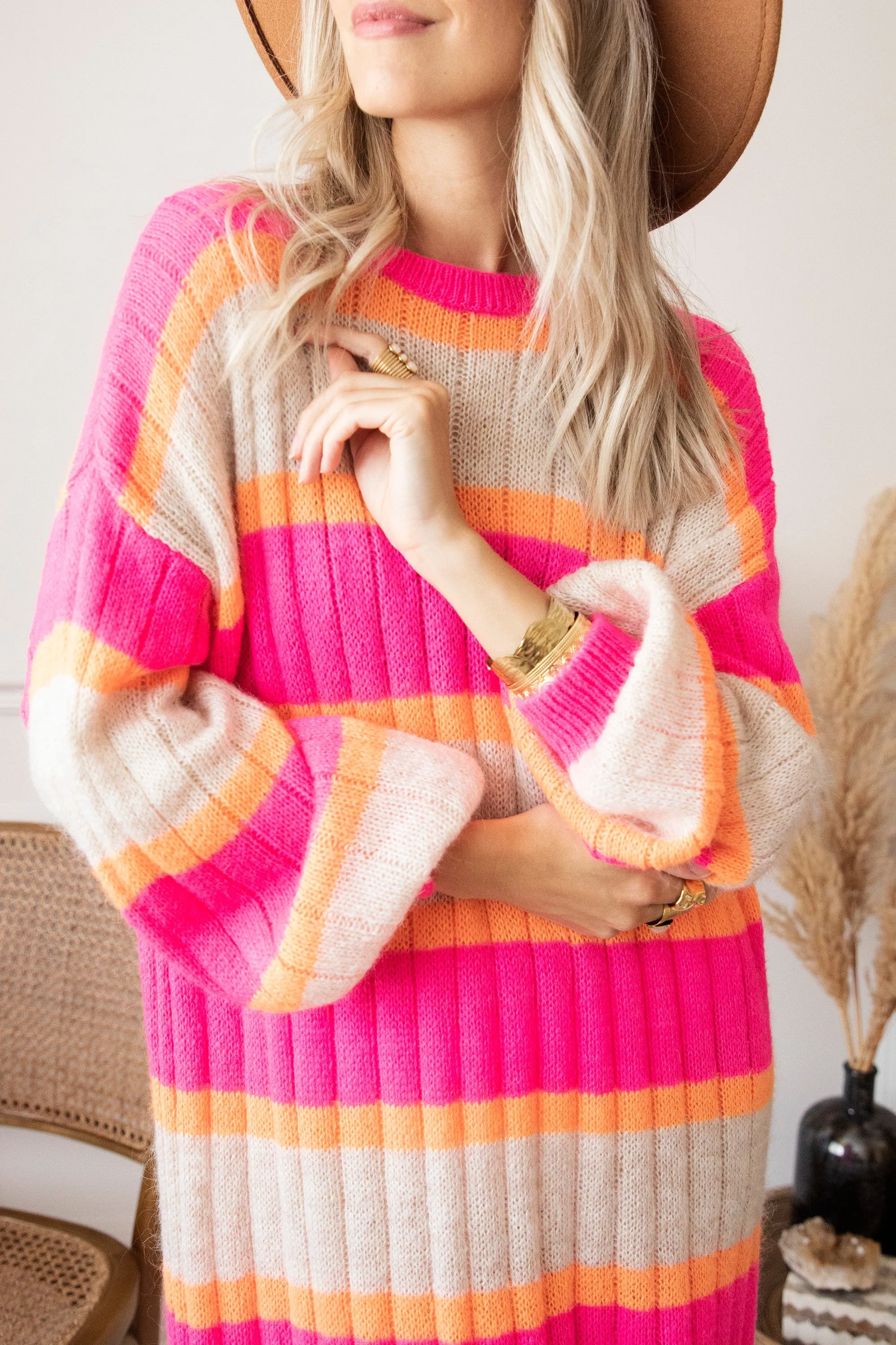 Happy Stripes Fuchsia/Cream - Sweater Dress