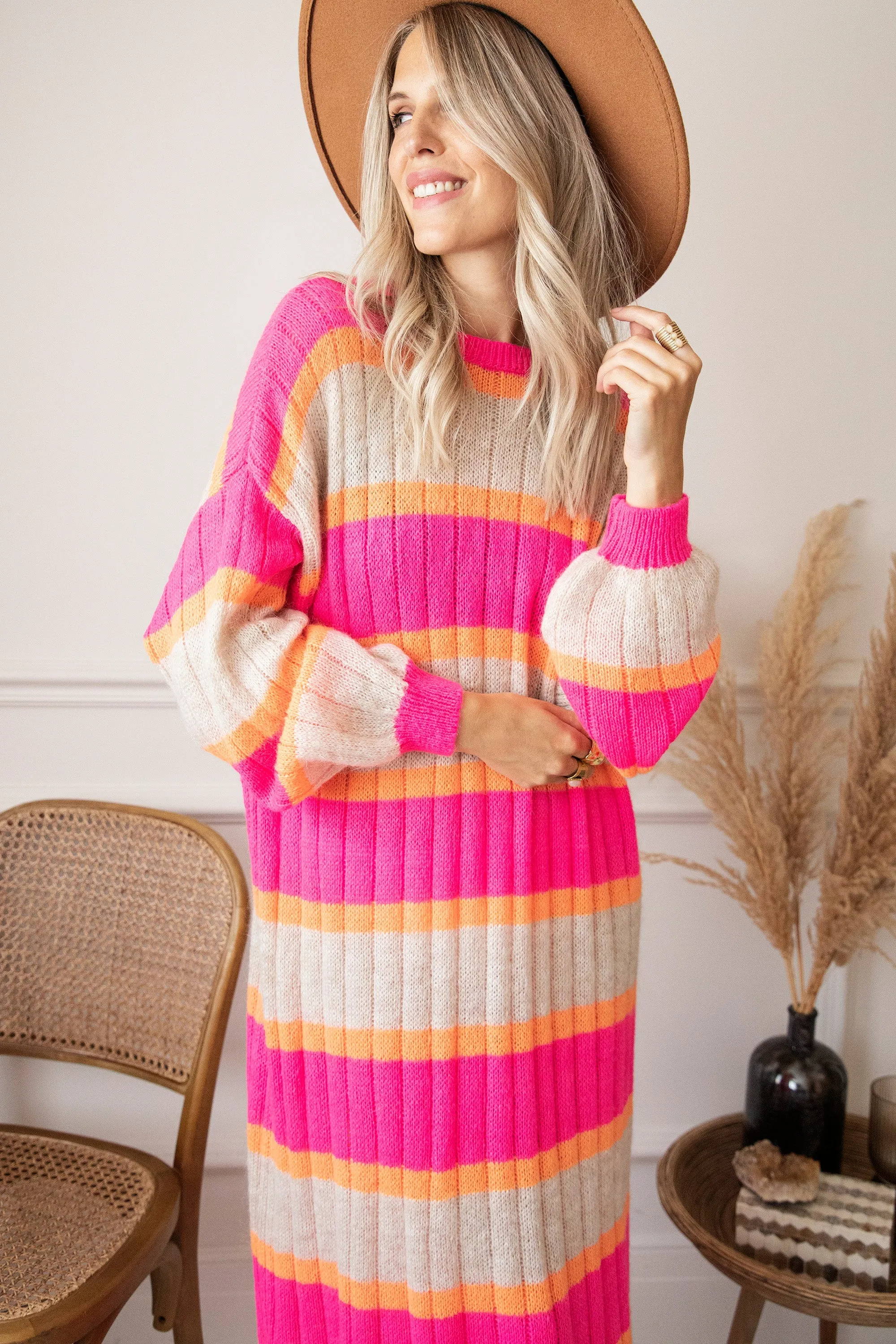 Happy Stripes Fuchsia/Cream - Sweater Dress