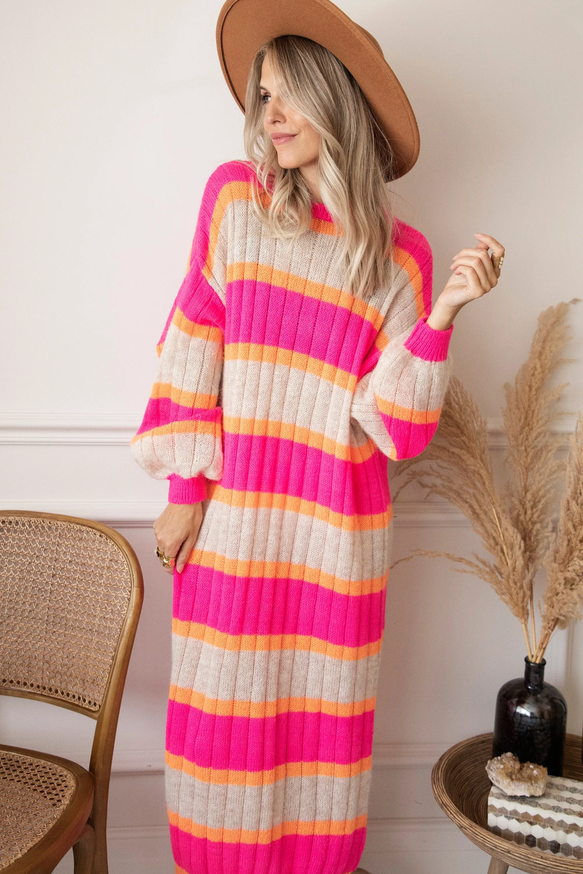 Happy Stripes Fuchsia/Cream - Sweater Dress