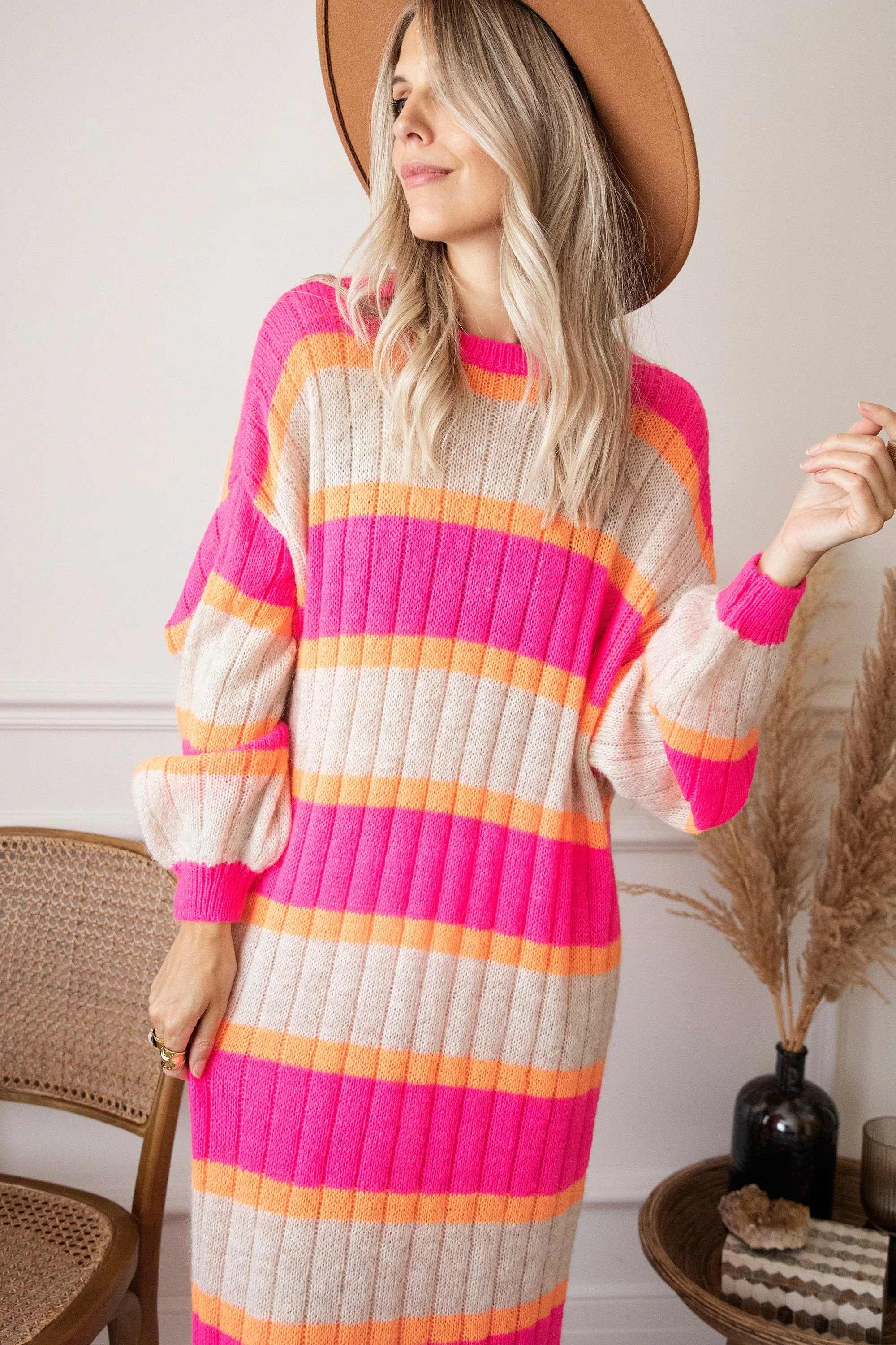 Happy Stripes Fuchsia/Cream - Sweater Dress