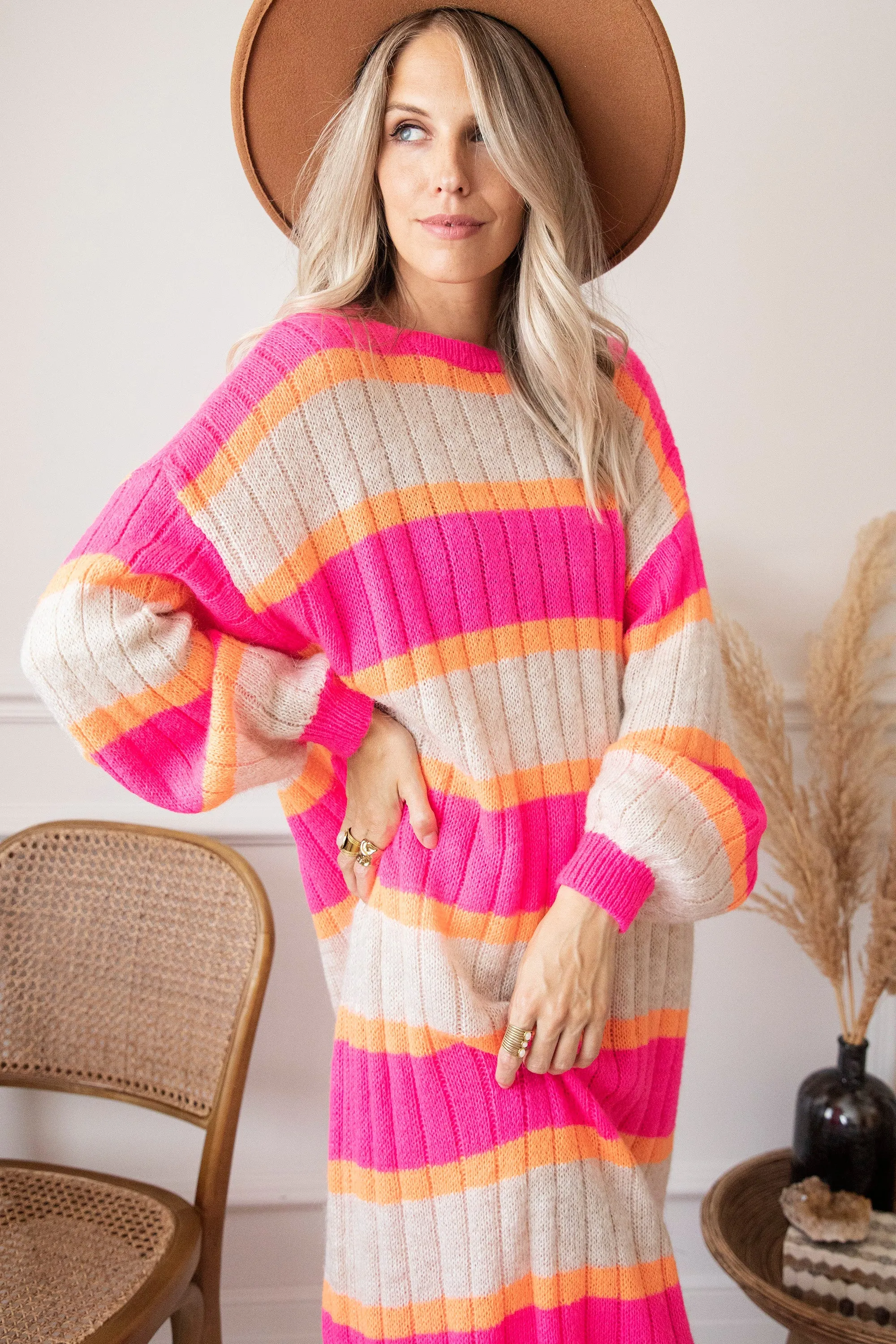 Happy Stripes Fuchsia/Cream - Sweater Dress