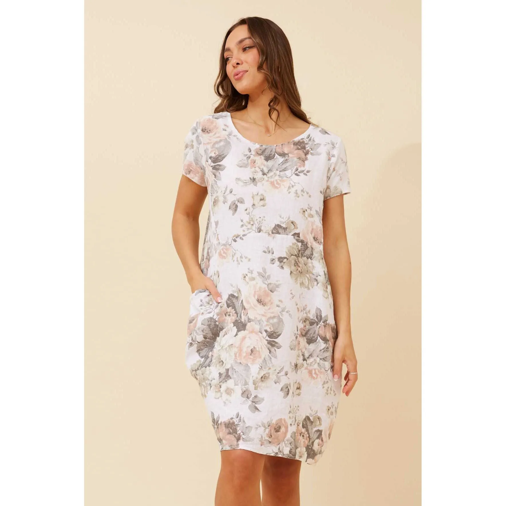 Short Sleeve Floral Print Dress - Multi White