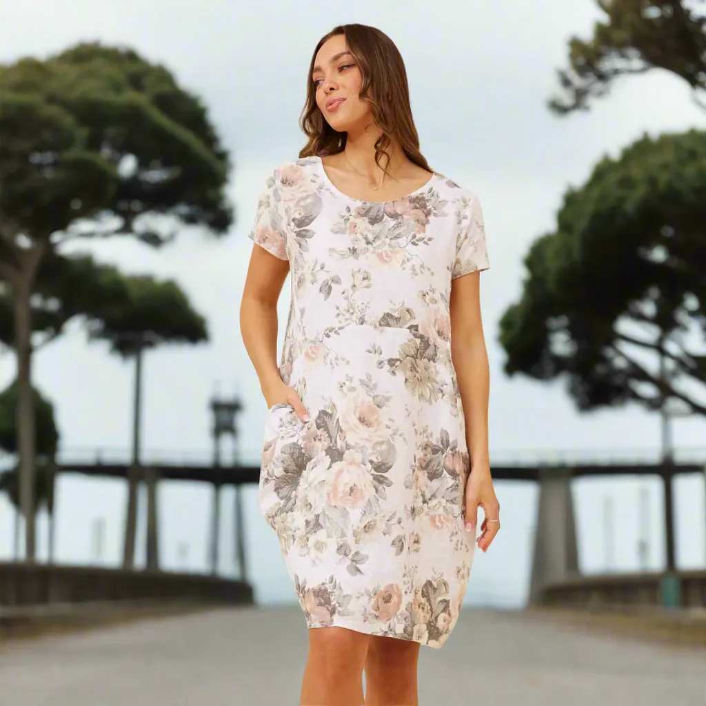 Short Sleeve Floral Print Dress - Multi White