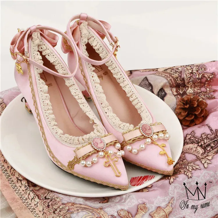 Uniwim Princess tea party kawaii  court retro lace bowknot shallow mouth lolita high heel pointed pearl elegant women shoes loli cos