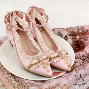 Uniwim Princess tea party kawaii  court retro lace bowknot shallow mouth lolita high heel pointed pearl elegant women shoes loli cos